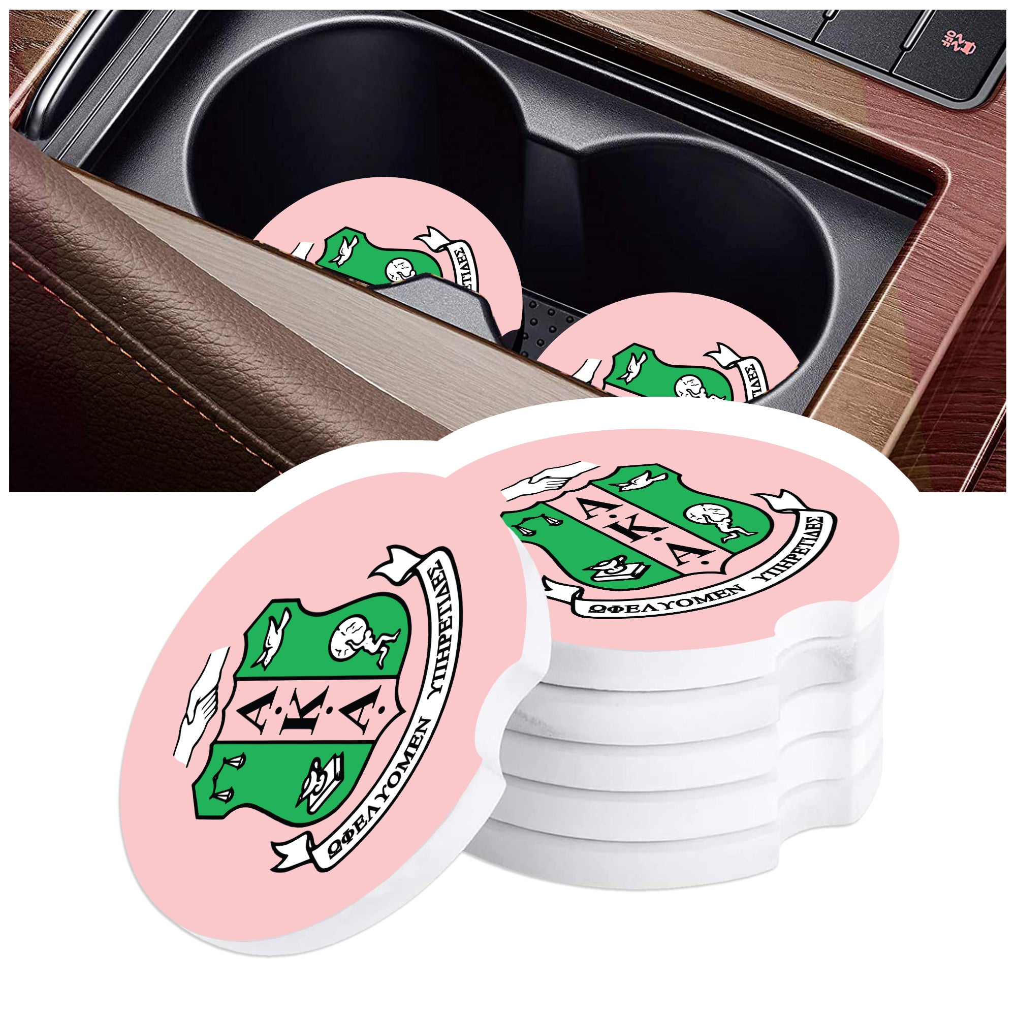 Custom AKA Car Coaster – Alpha Kappa Alpha-Inspired 2.75” Ceramic Coaster for Car Cup Holder – Pink & Green Greek Gift for Sorors, Crossing, Founders Day