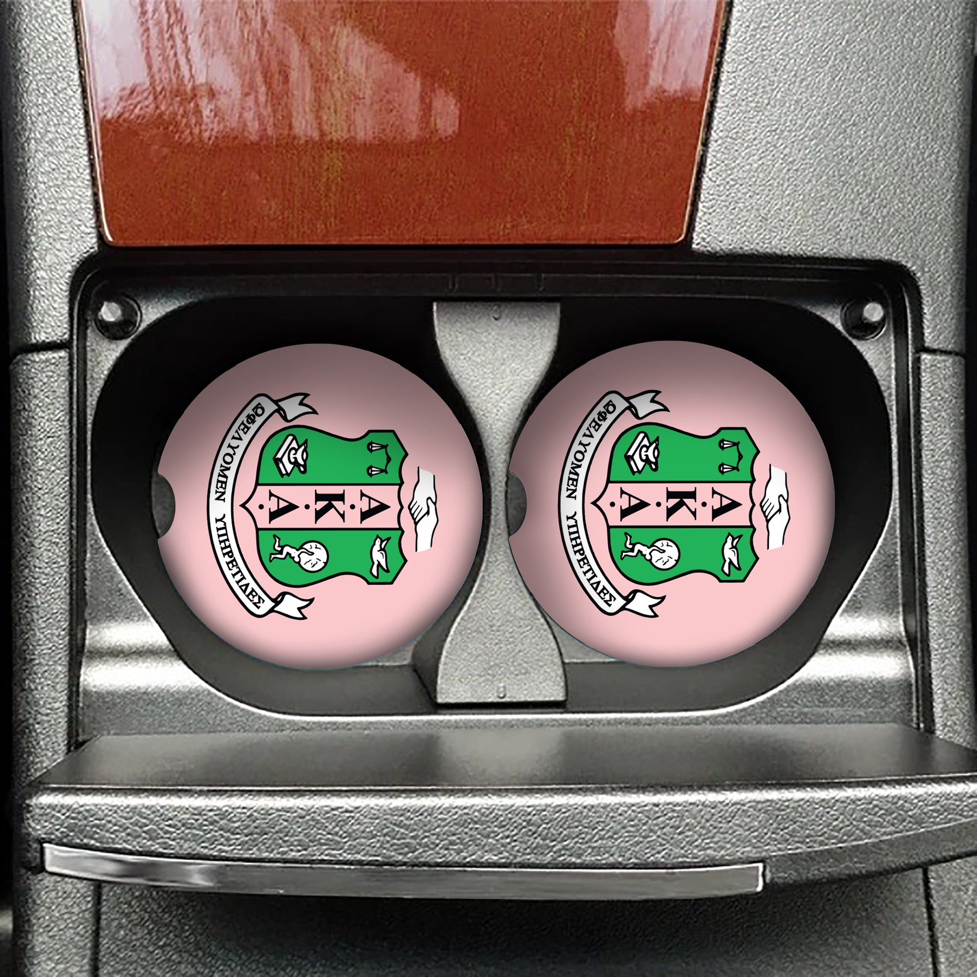 Custom AKA Car Coaster – Alpha Kappa Alpha-Inspired 2.75” Ceramic Coaster for Car Cup Holder – Pink & Green Greek Gift for Sorors, Crossing, Founders Day
