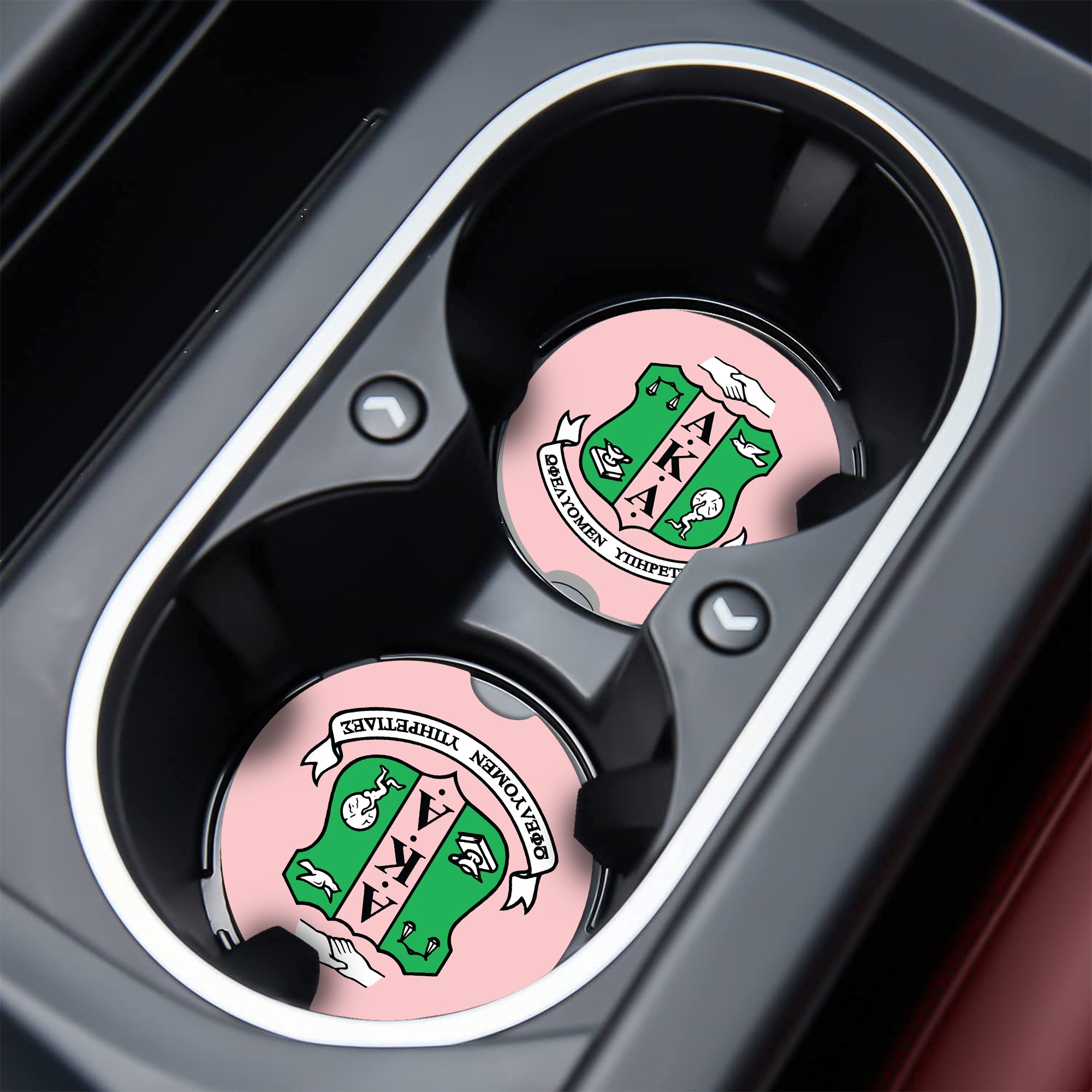 Custom AKA Car Coaster – Alpha Kappa Alpha-Inspired 2.75” Ceramic Coaster for Car Cup Holder – Pink & Green Greek Gift for Sorors, Crossing, Founders Day