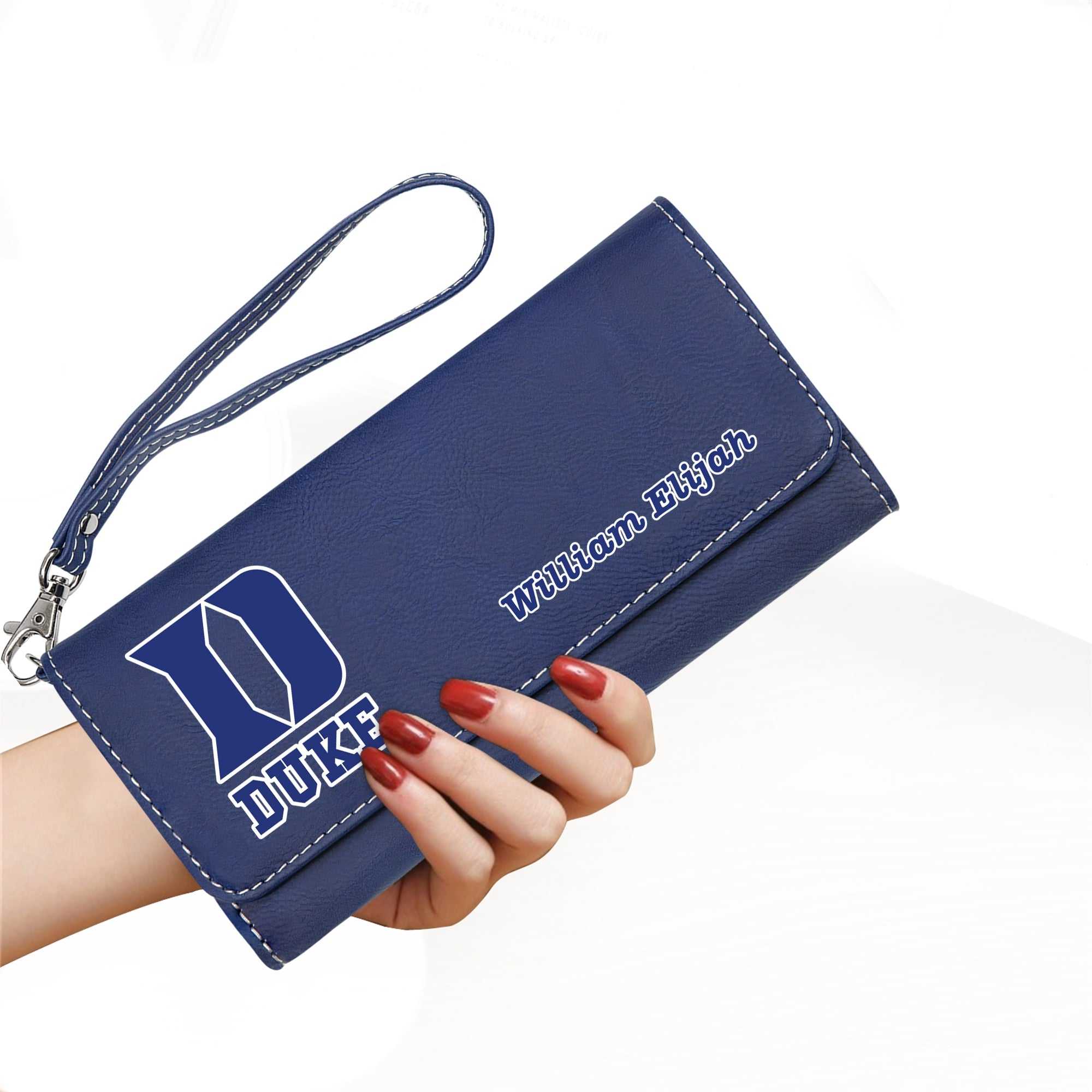 Duke Personalized leatherette wallet with strap, Custom Duke Leather Wallet, Duke Blue Devils, Duke Accessories for mom