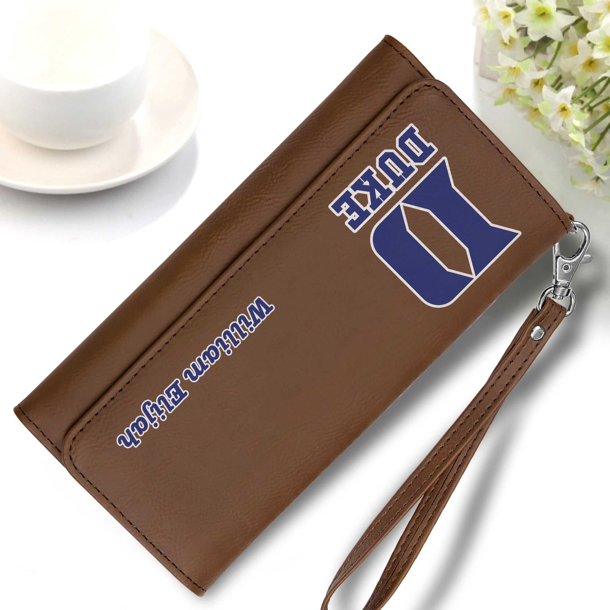 Duke Personalized leatherette wallet with strap, Custom Duke Leather Wallet, Duke Blue Devils, Duke Accessories for mom