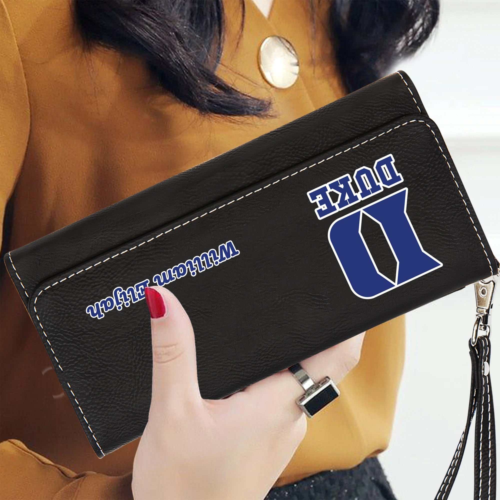 Duke Personalized leatherette wallet with strap, Custom Duke Leather Wallet, Duke Blue Devils, Duke Accessories for mom