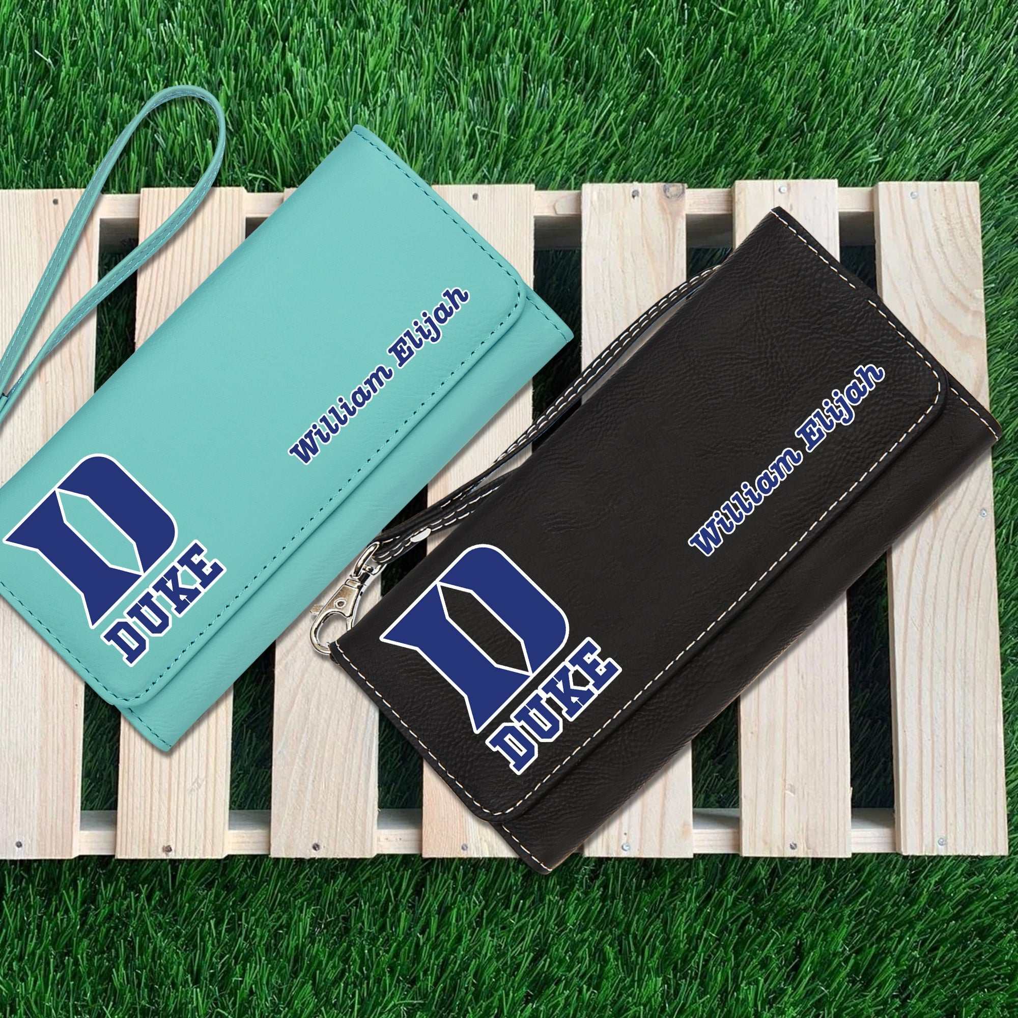 Duke Personalized leatherette wallet with strap, Custom Duke Leather Wallet, Duke Blue Devils, Duke Accessories for mom