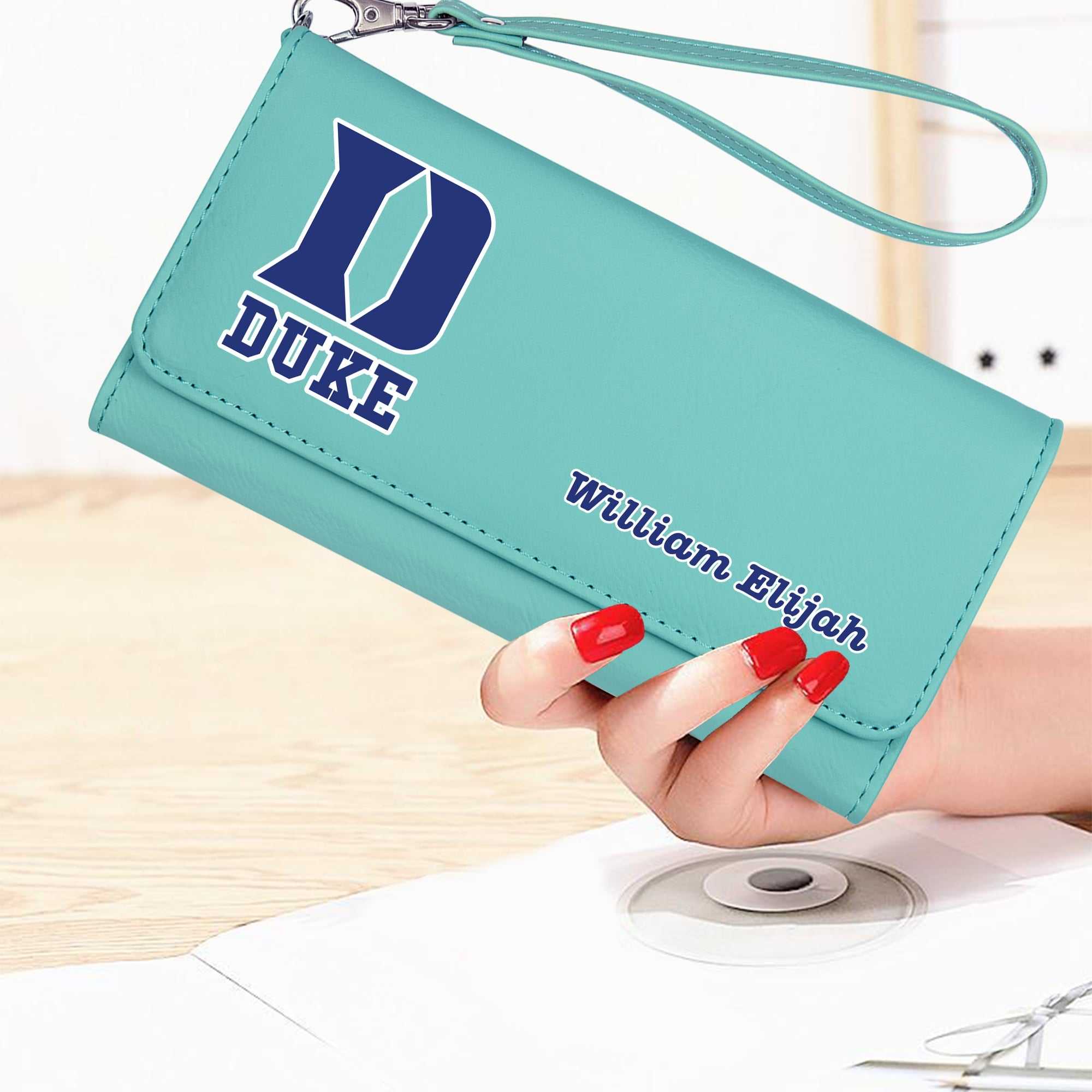 Duke Personalized leatherette wallet with strap, Custom Duke Leather Wallet, Duke Blue Devils, Duke Accessories for mom