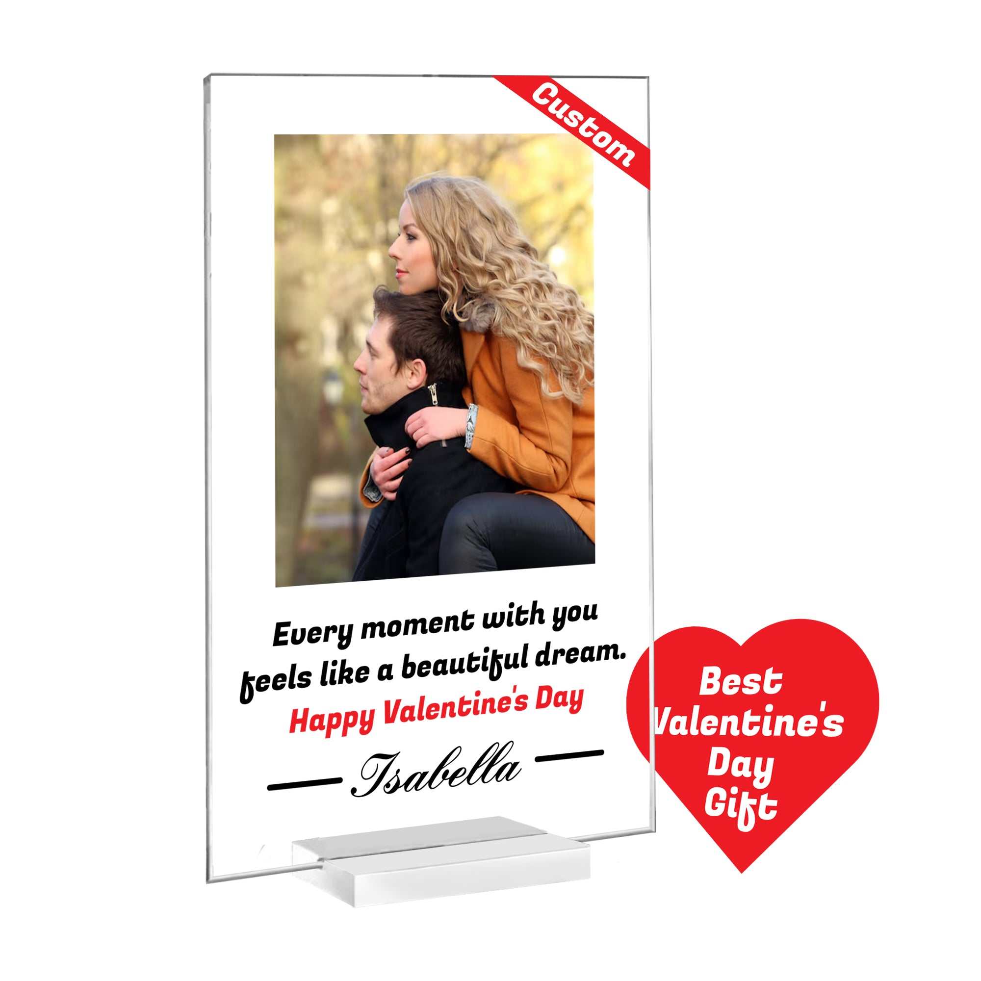 Personalized Valentine's Day Acrylic Plaque - Custom Image, Romantic Message, and Lovers' Name - 7x4.5 inches with Stand