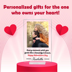 Personalized Valentine's Day Acrylic Plaque - Custom Image, Romantic Message, and Lovers' Name - 7x4.5 inches with Stand