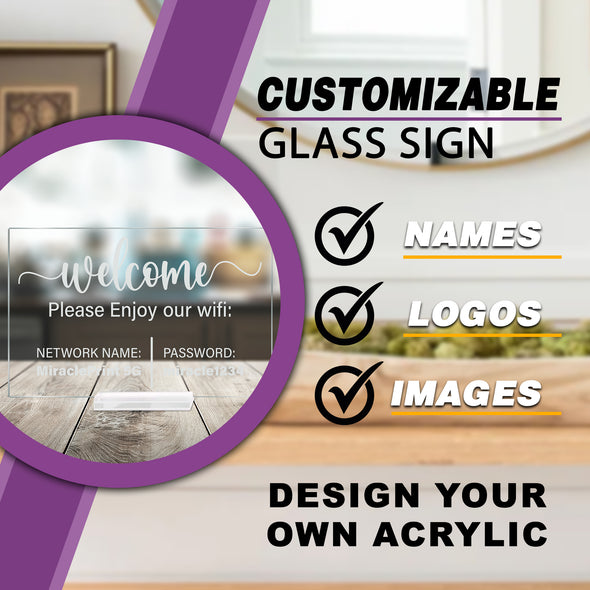 MIRACLE PRINTS Custom Acrylic Sign - Small Acrylic Business Signs- Clear wifi sign- Wifi qr code sign- Custom Text Sign - Table Top Acrylic Signs- Acrylic plaque