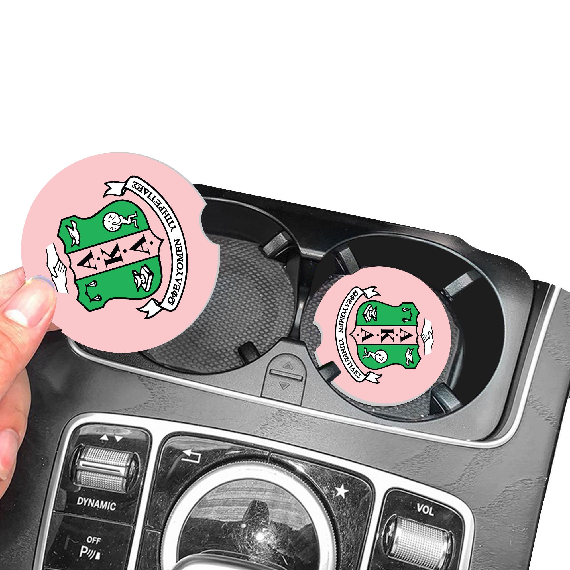 Custom AKA Car Coaster – Alpha Kappa Alpha-Inspired 2.75” Ceramic Coaster for Car Cup Holder – Pink & Green Greek Gift for Sorors, Crossing, Founders Day