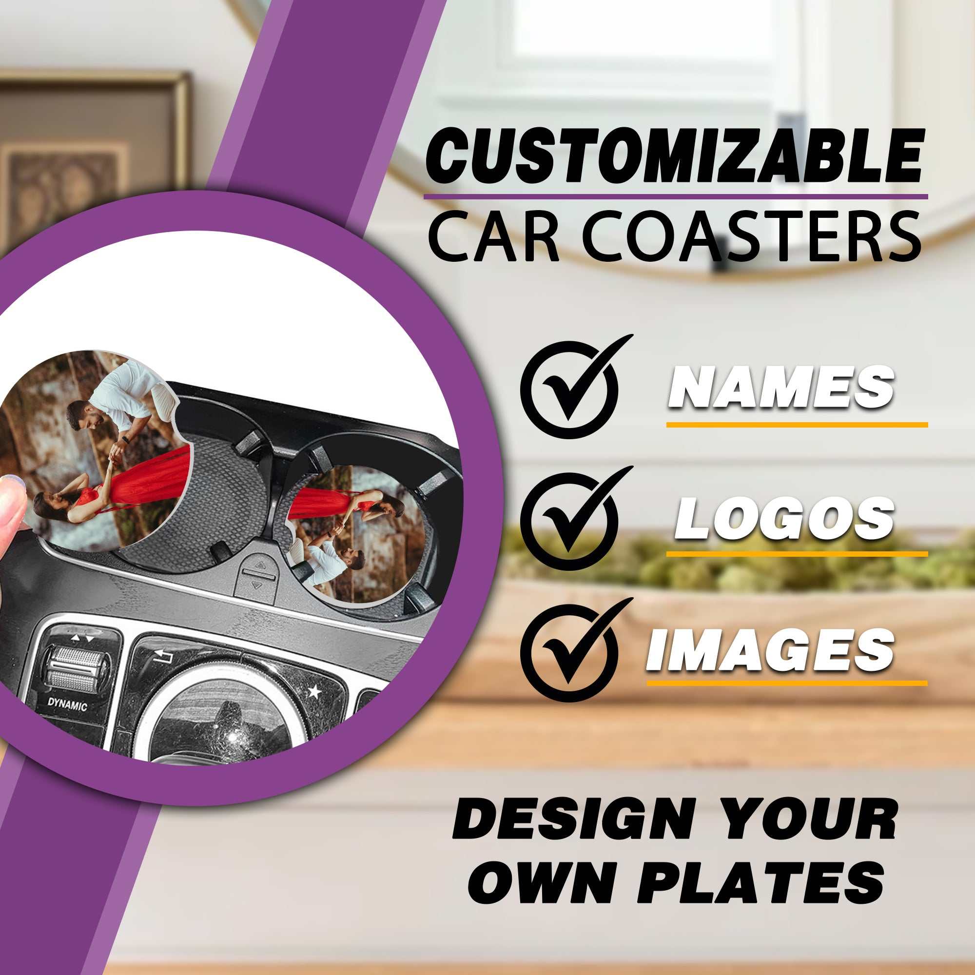 Valentine's Car Coasters (2 Pack) with Custom Photo Design - Keep Your Car Cup Holders Clean and Stylish- Valentine's Day gifts for him - Valentine's gifts- Great Gift Idea