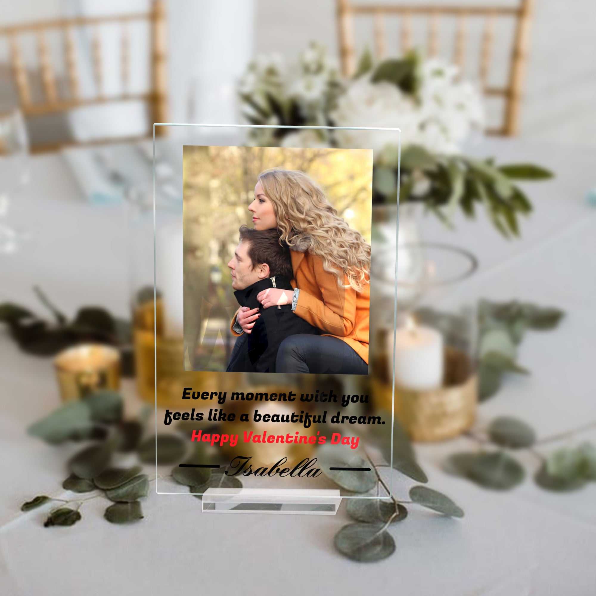 Personalized Valentine's Day Acrylic Plaque - Custom Image, Romantic Message, and Lovers' Name - 7x4.5 inches with Stand