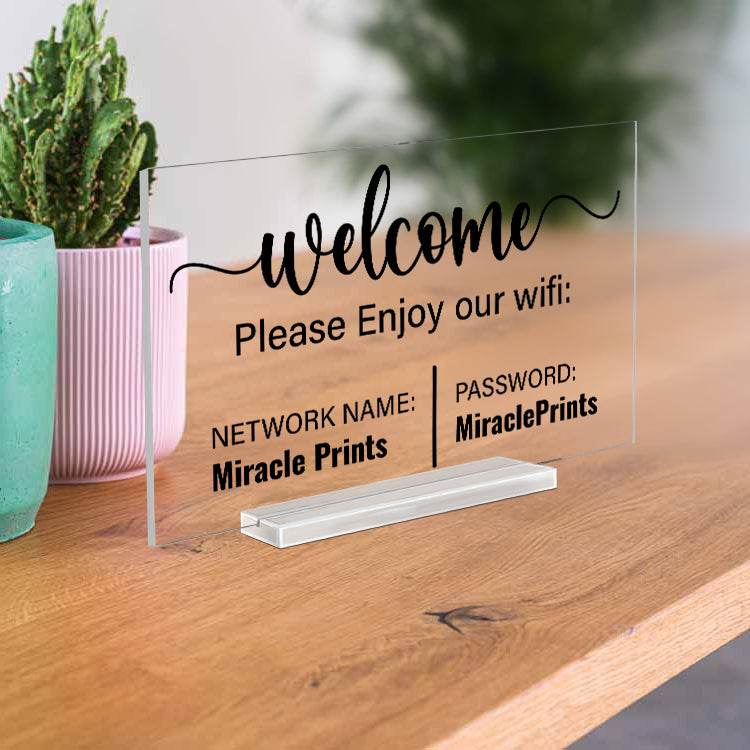 MIRACLE PRINTS Custom Acrylic Sign - Small Acrylic Business Signs- Clear wifi sign- Wifi qr code sign- Custom Text Sign - Table Top Acrylic Signs- Acrylic plaque