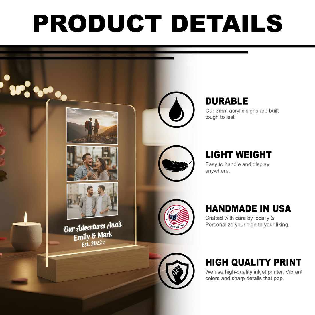 Custom Acrylic LED Sign — Personalized Photo, Logo or Memorial Plaque