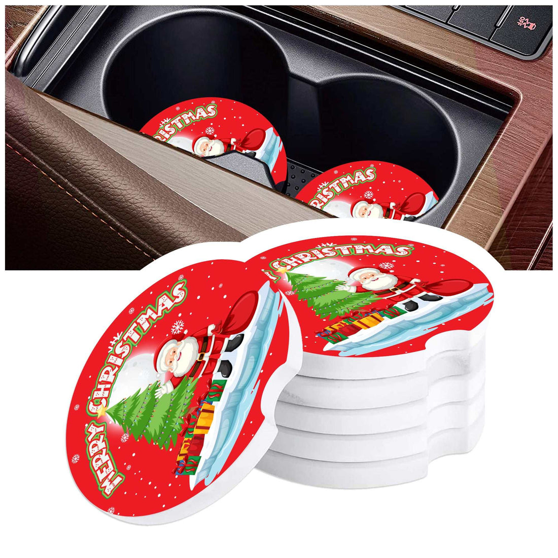Christmas Car Coasters (2 Pack) - Festive Photo Coasters for Your Car's Cup Holders