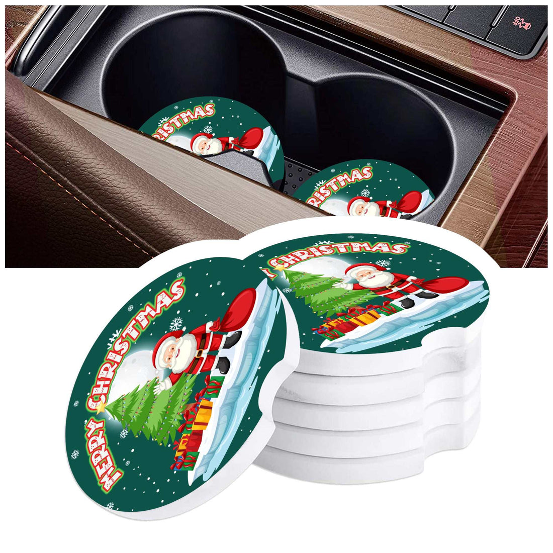 Christmas Car Coasters (2 Pack) - Festive Photo Coasters for Your Car's Cup Holders