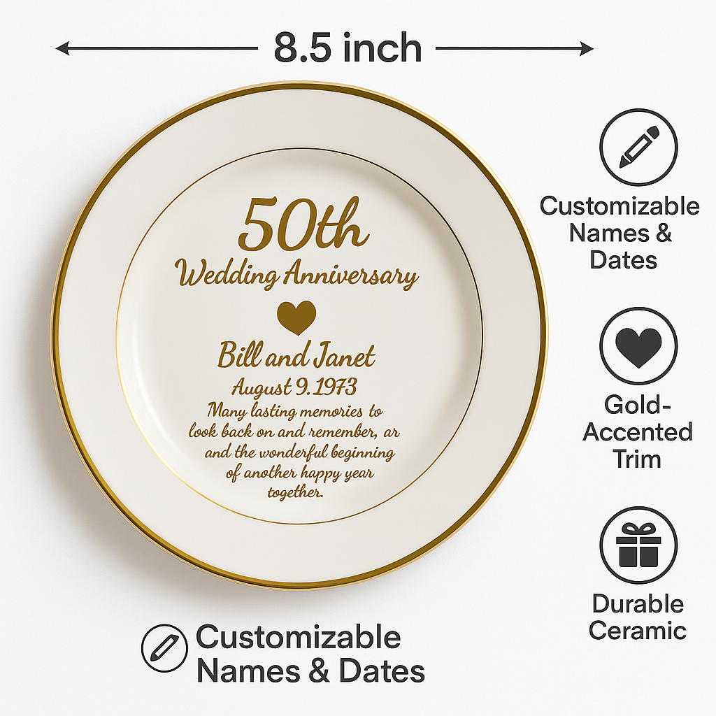 Plato de cerámica personalizado para 50 aniversario | Regalo conmemorativo dorado personalizado para padres, parejas o abuelos