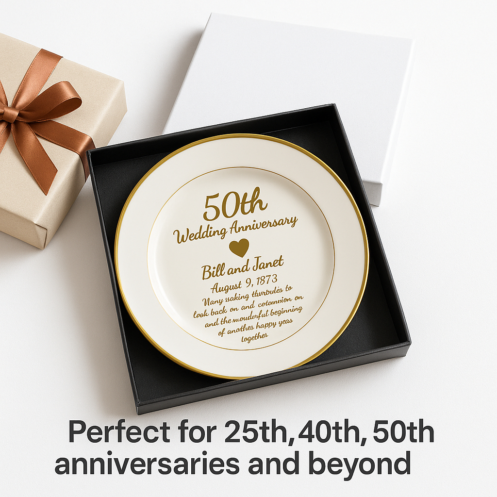 Plato de cerámica personalizado para 50 aniversario | Regalo conmemorativo dorado personalizado para padres, parejas o abuelos