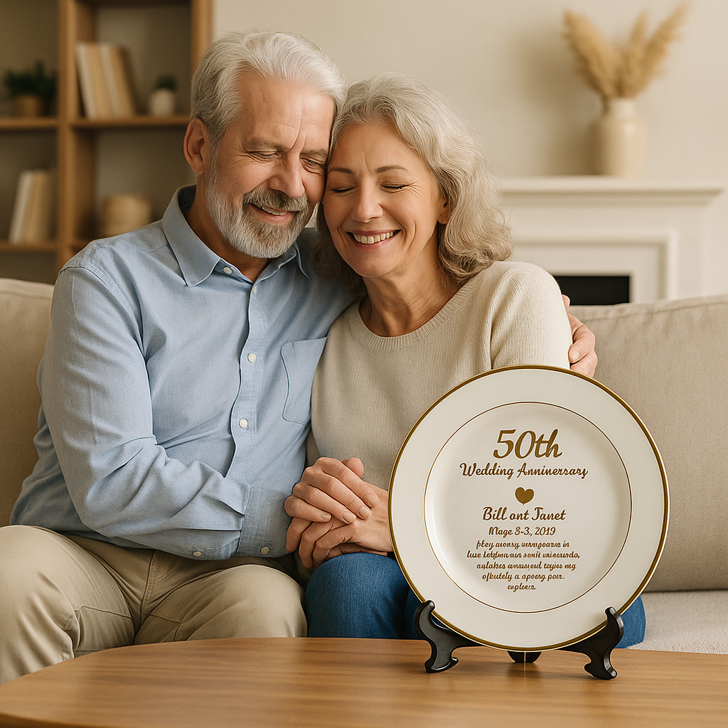 Plato de cerámica personalizado para 50 aniversario | Regalo conmemorativo dorado personalizado para padres, parejas o abuelos