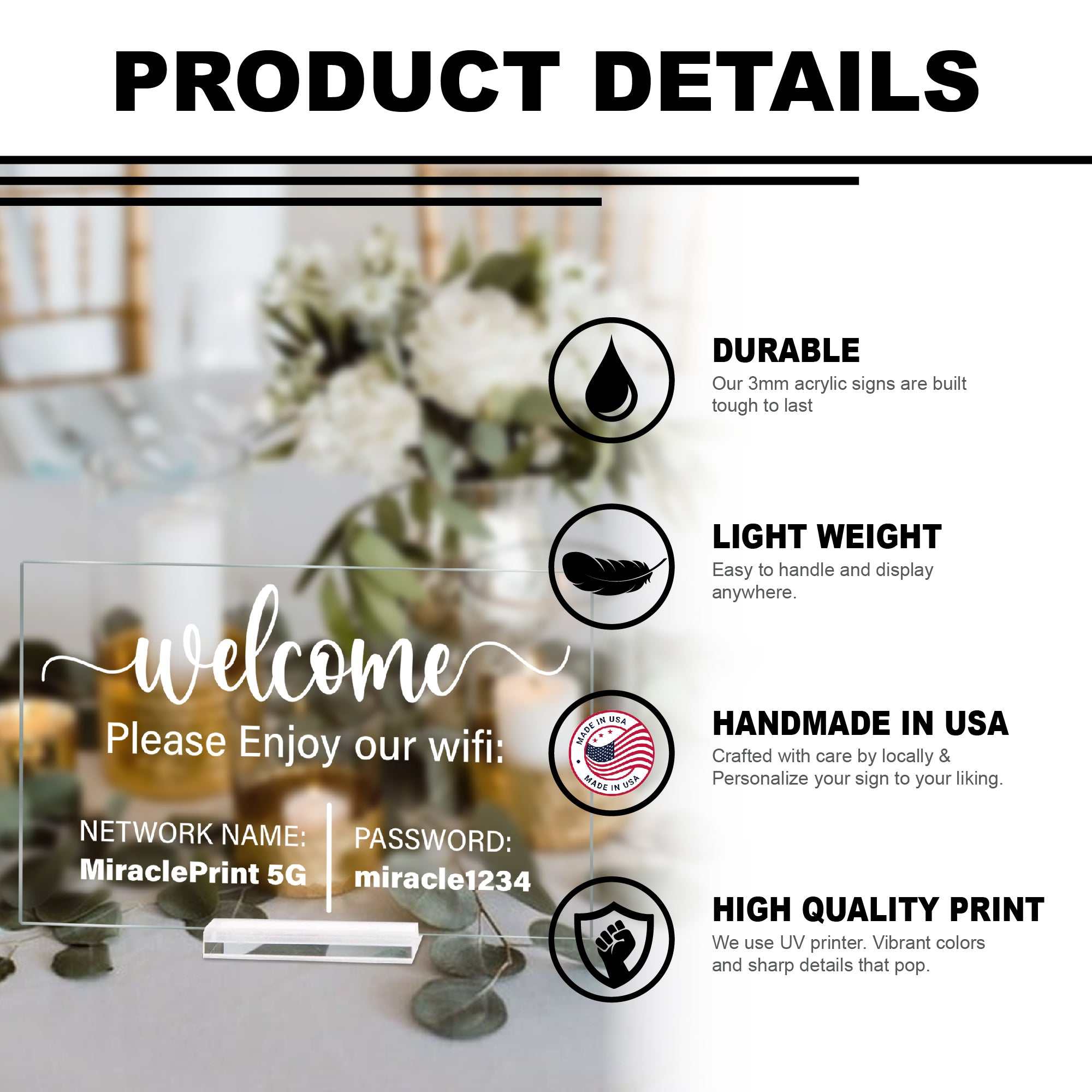 Custom Acrylic Sign with QR Code | Clear Tabletop Business Display – Wi-Fi Sign or Custom Text Plaque