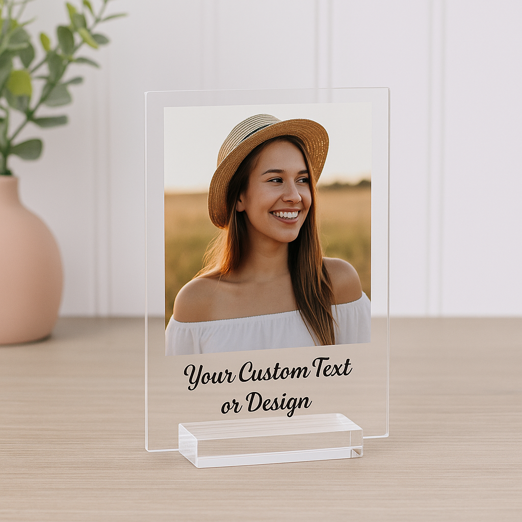 Custom Acrylic Sign with Stand | UV Printed Clear Display Personalized with Logo, Text, or Photo – Business or Gift Plaque (4.5x7)