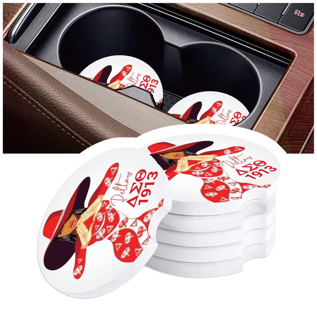 Custom Sorority Car Coaster – Delta Sigma Theta-Inspired Ceramic 2.75" Coaster for Car Cup Holder – Personalized Gift for Soror, Greek Life, Divine Nine