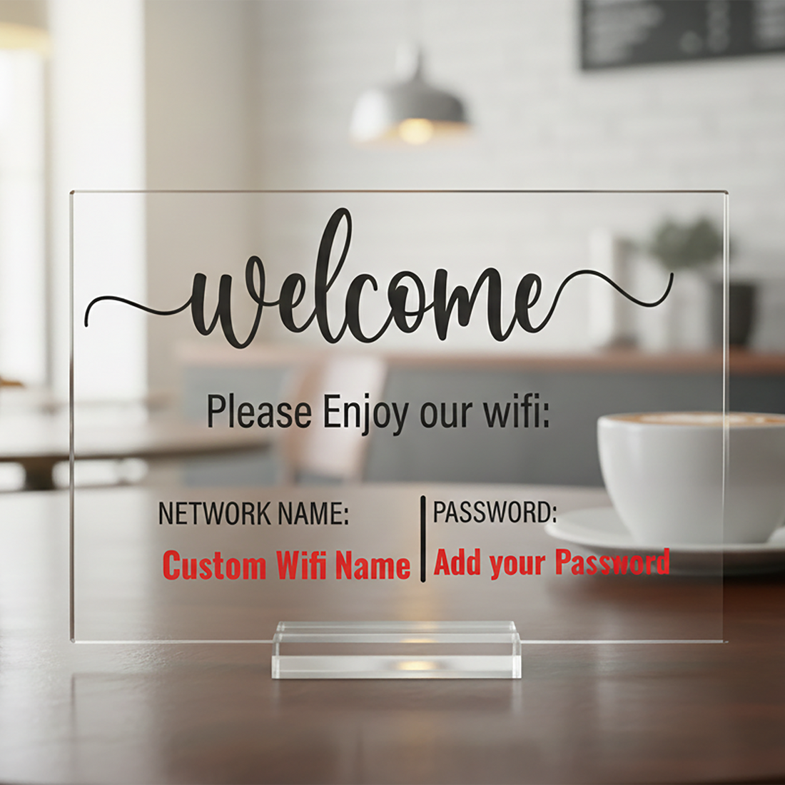 Letrero acrílico personalizado con código QR | Expositor de mesa transparente para negocios – Letrero de Wi-Fi o placa de texto personalizado