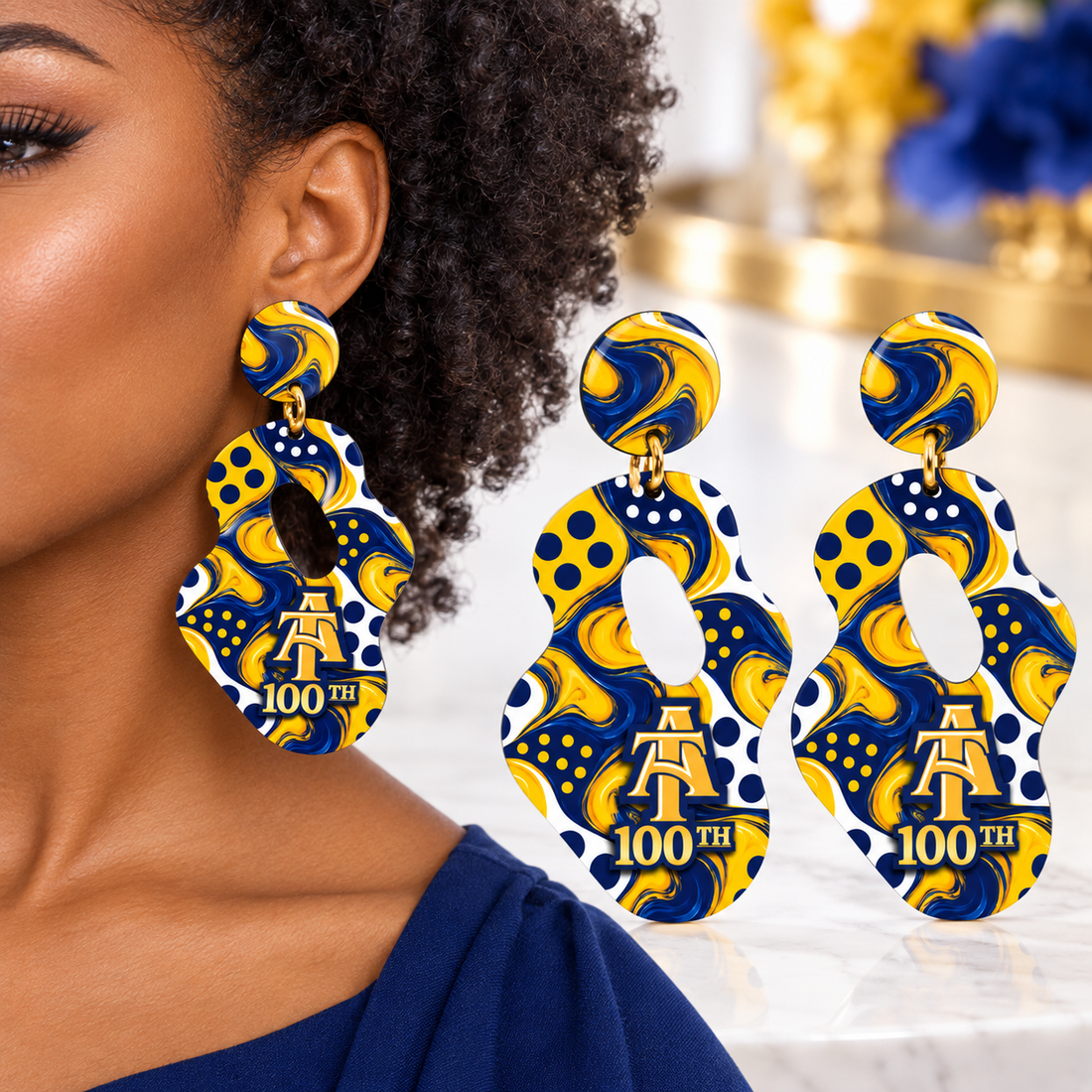 Blue and gold 100 Years homecoming statement earrings, 2.5 inch UV printed acrylic
