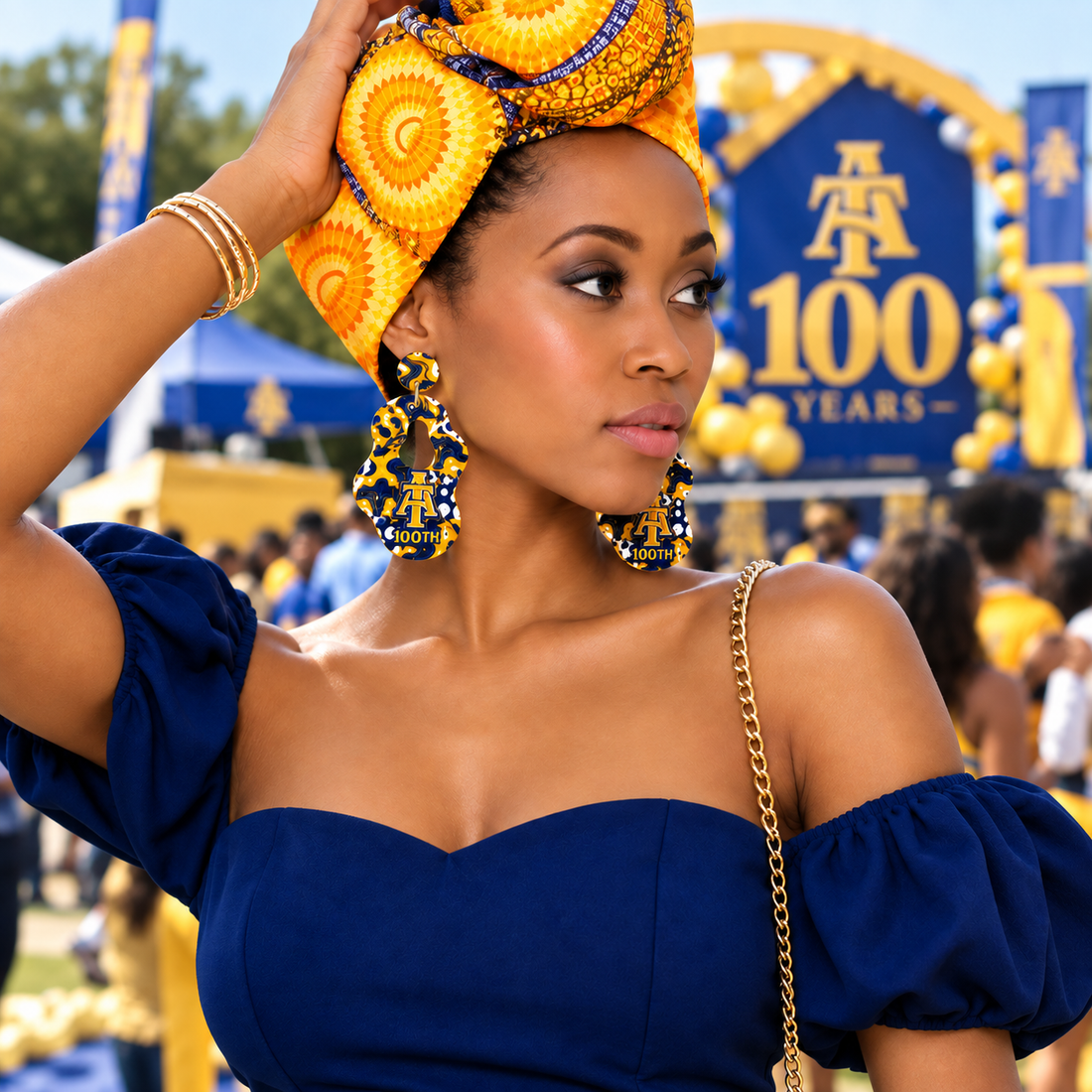 Close-up of UV printed blue and gold pattern on acrylic earrings