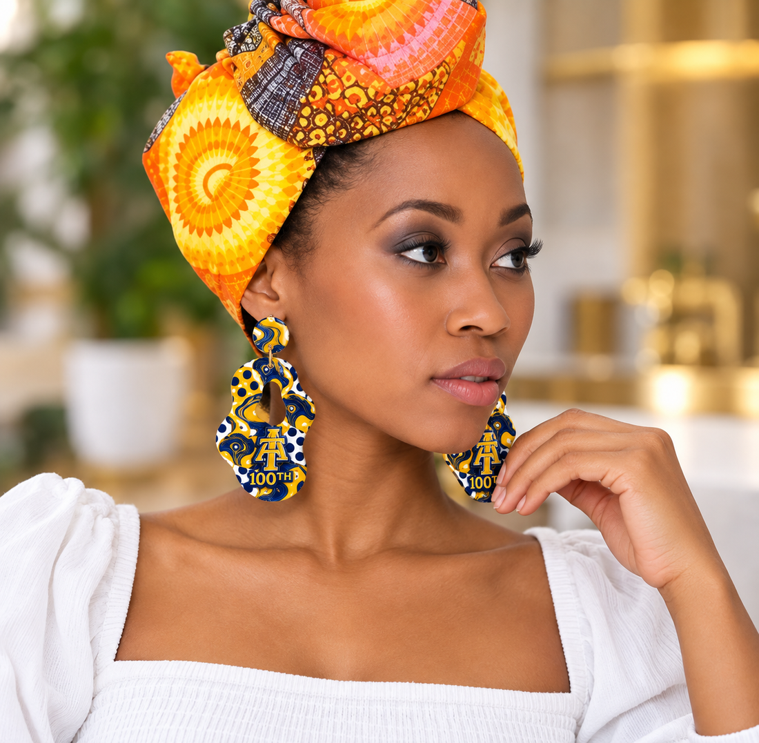 2.5 inch blue and gold statement earrings size and detail view