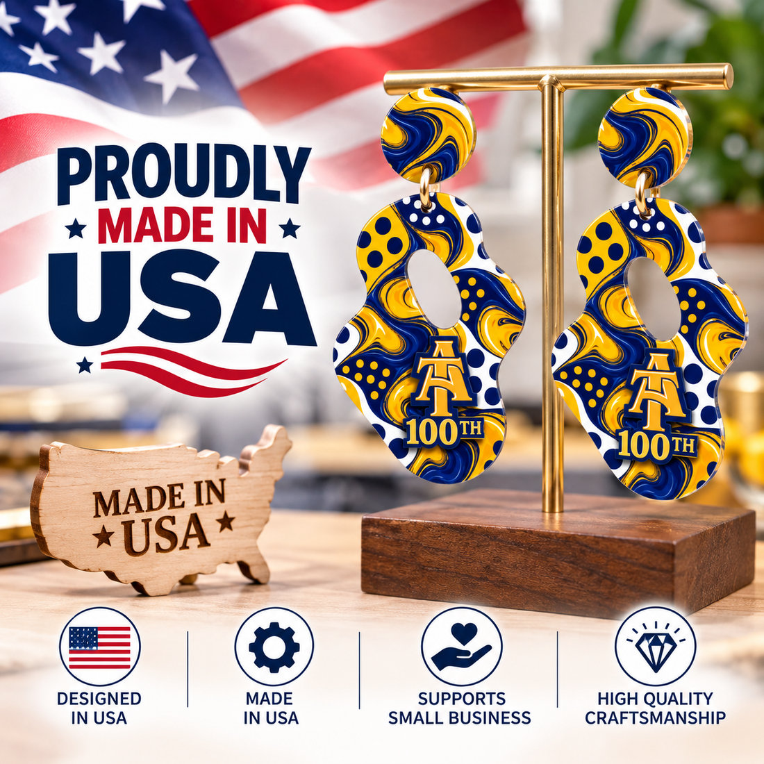 Blue and gold HBCU homecoming earrings, a gift for alumni