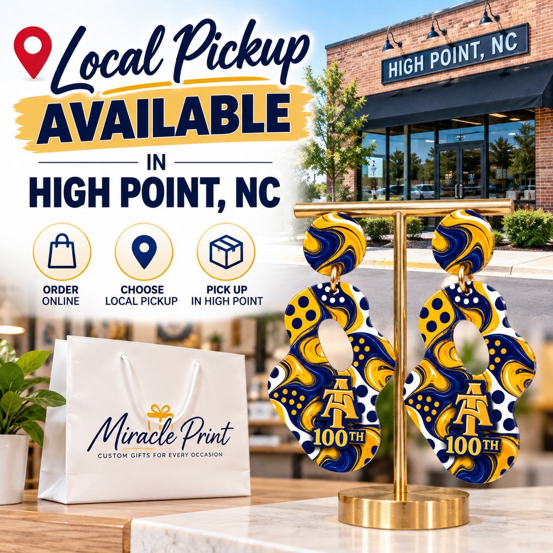 Lightweight UV printed acrylic earrings in blue and gold by Miracle Prints