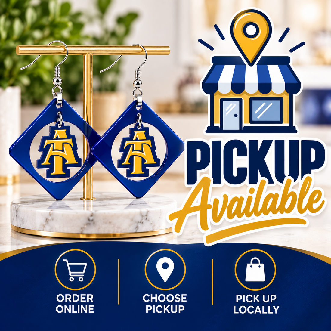 Blue and gold homecoming earrings with local pickup available in High Point NC