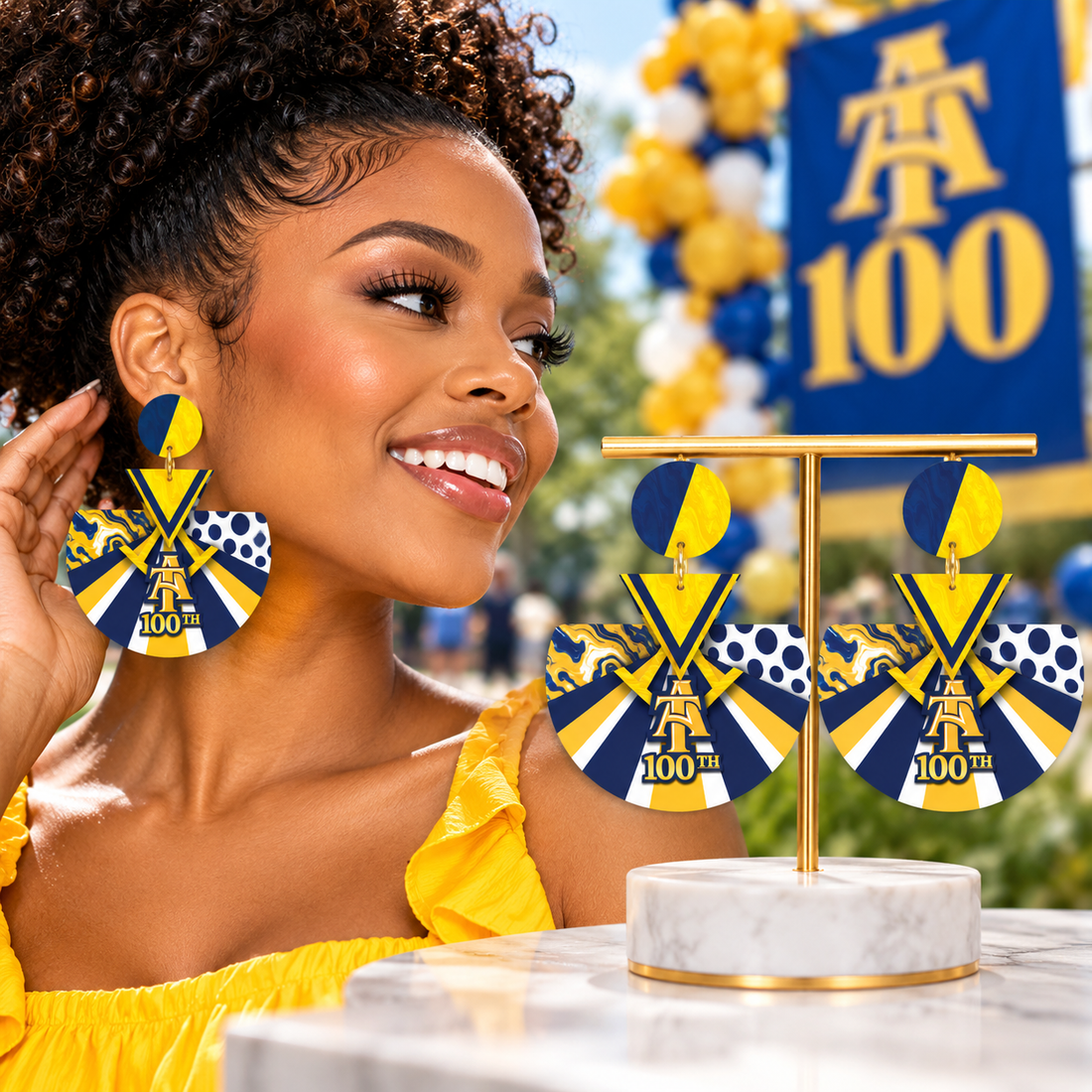 Blue and gold 100th homecoming sunburst statement earrings, 2.5 inch UV printed acrylic