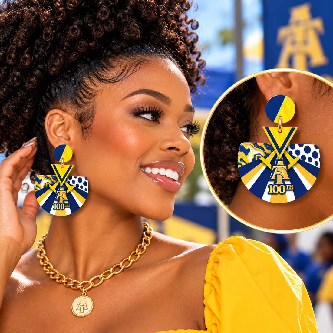 Blue and gold marbled swirl and navy polka dot panels on homecoming sunburst earrings