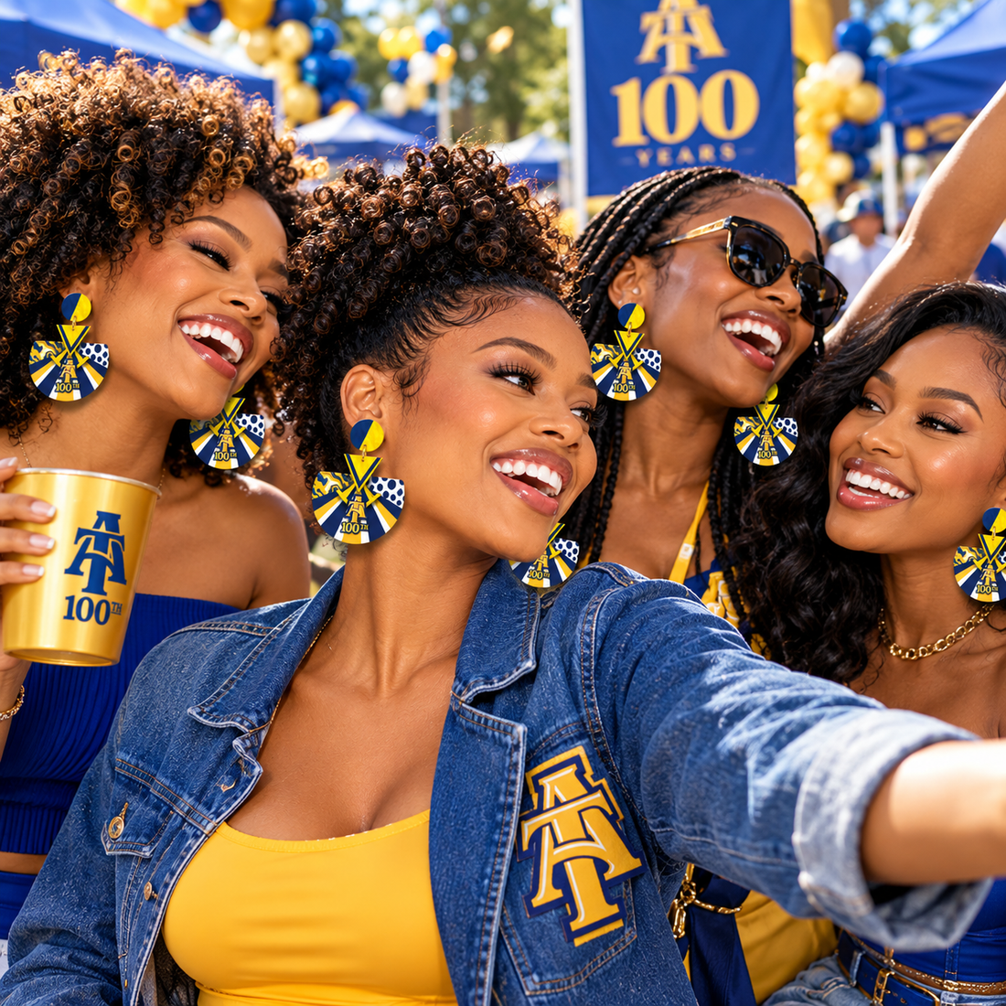 Blue and gold centennial homecoming earrings for tailgates, the parade and game day
