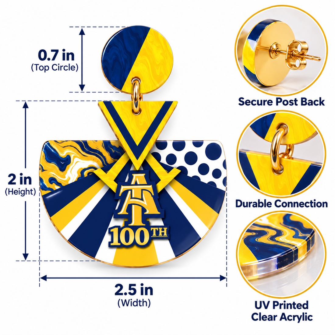 Gold chevron and split navy and gold round stud on 100th homecoming earrings