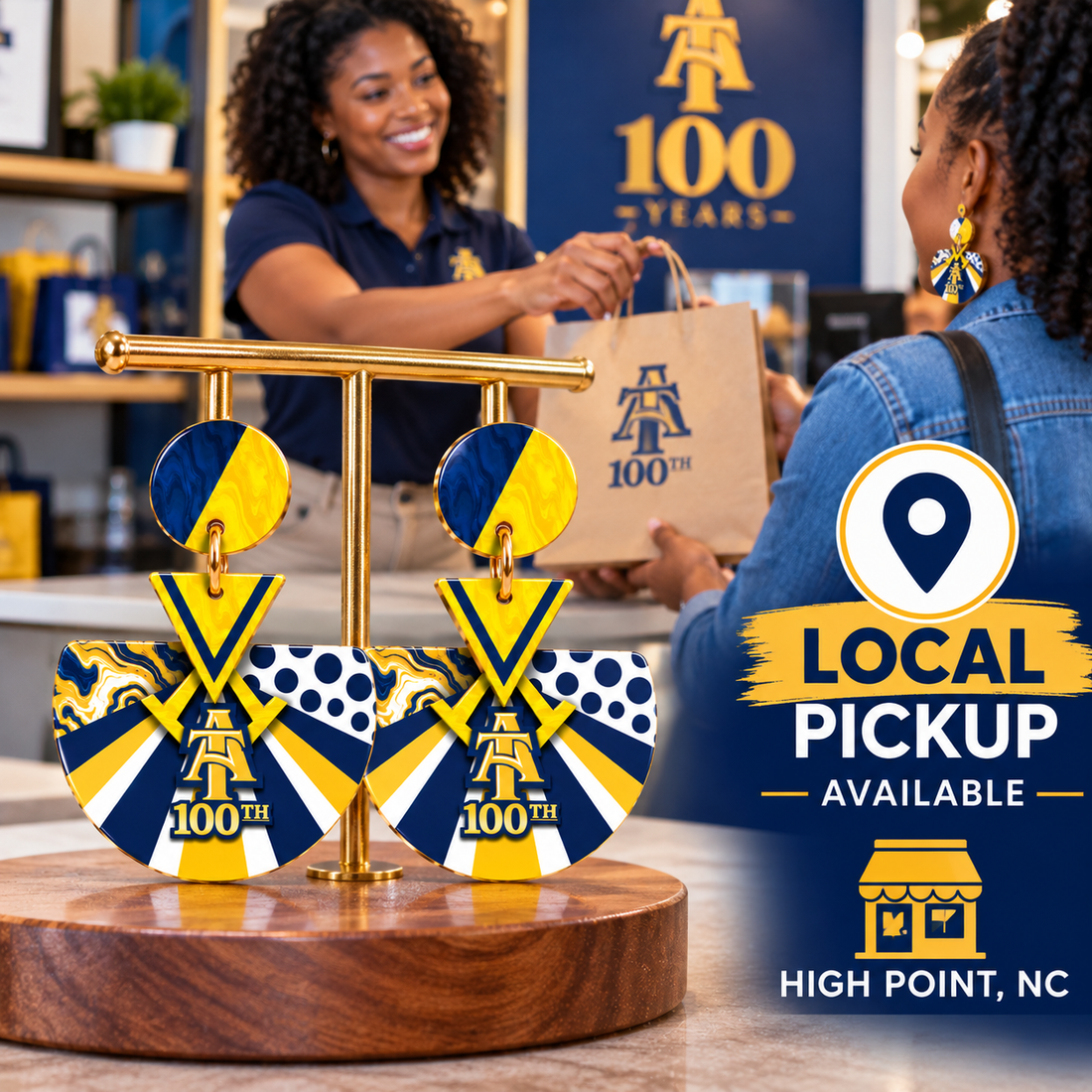 Blue and gold HBCU homecoming earrings made in High Point NC, a gift for alumni