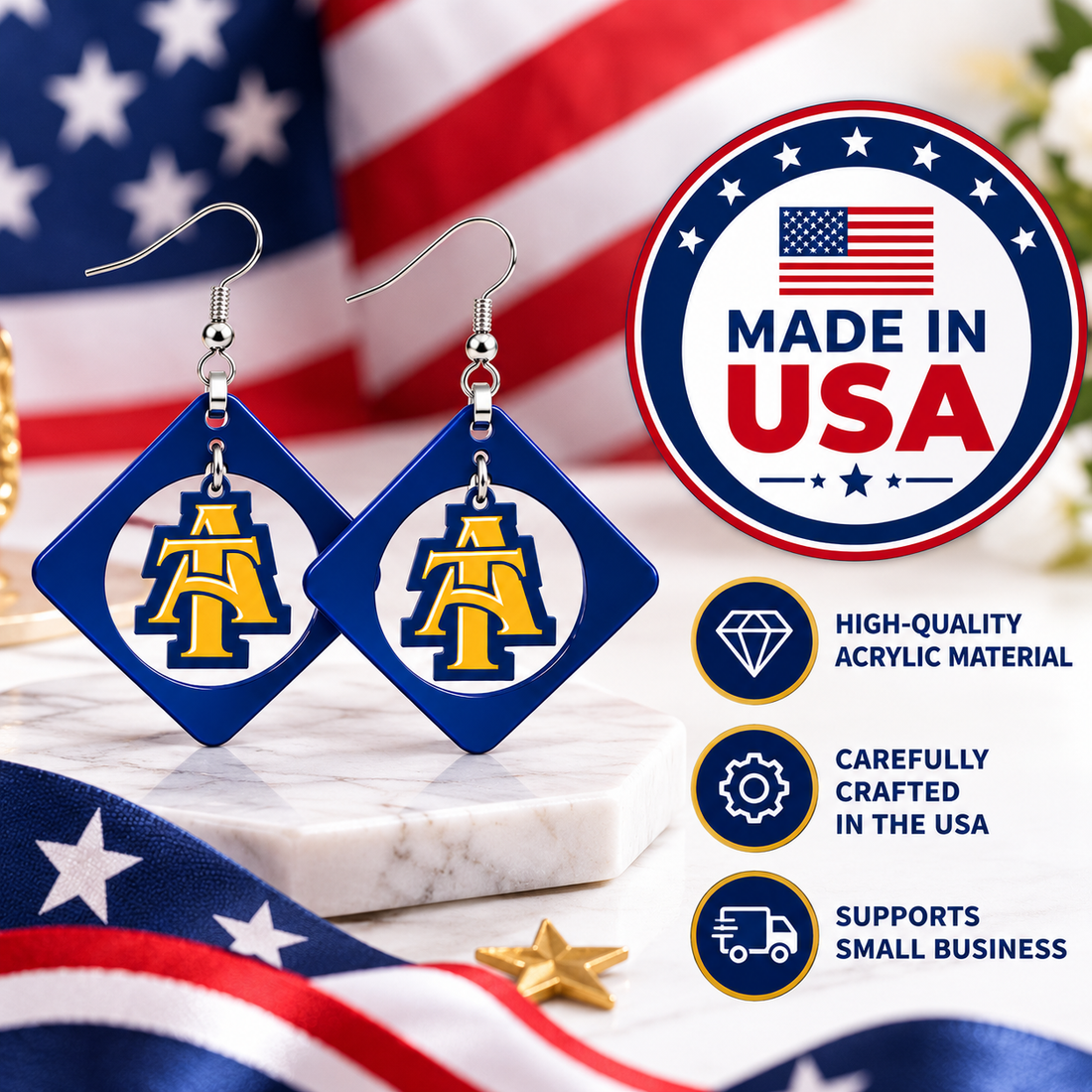Blue and gold diamond swing earrings made in the USA in High Point, North Carolina