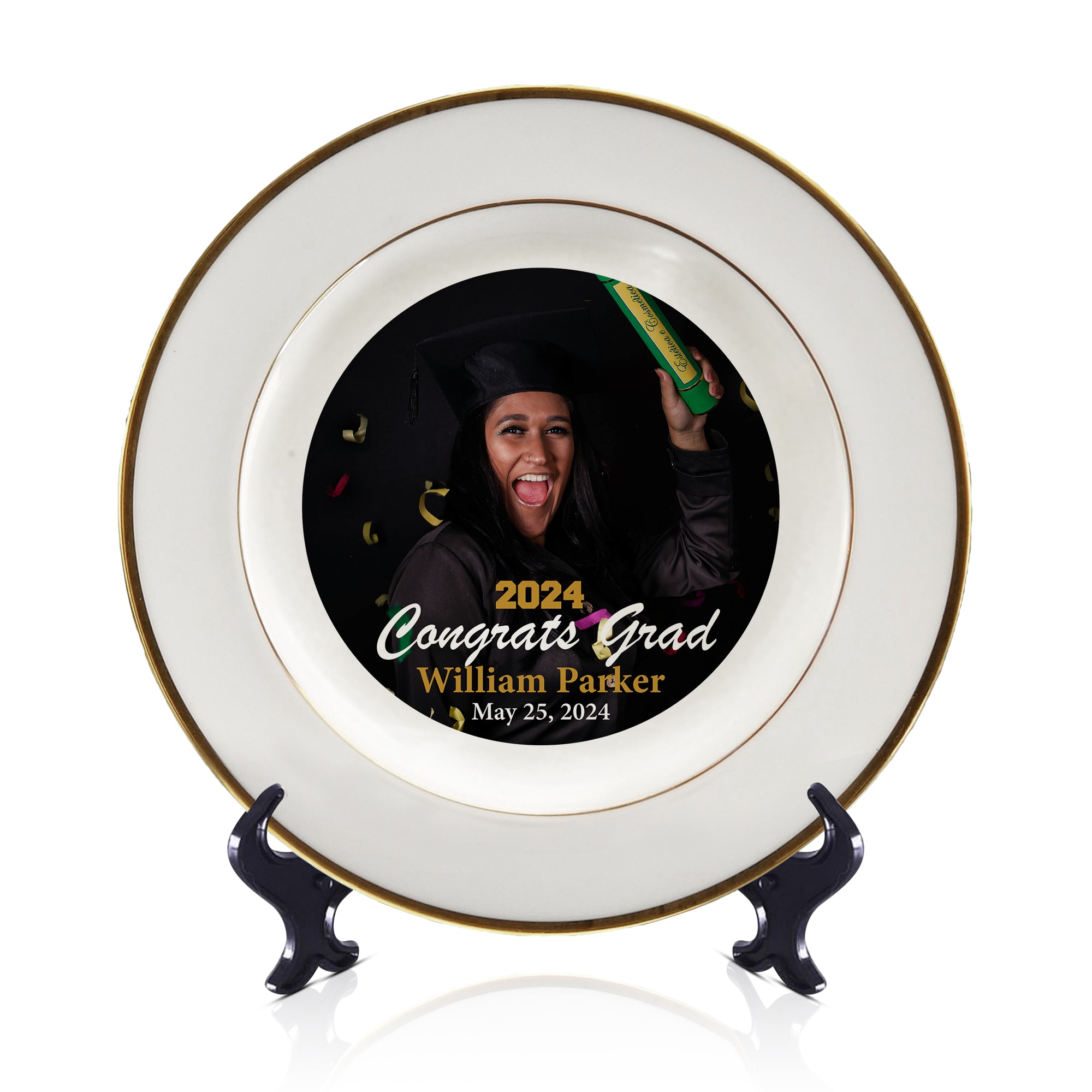 Personalized Graduation Plate Class of 2024 | White & Gold Grad Tableware Keepsake – Custom Display Gift