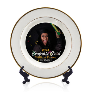 Personalized Graduation Plate Class of 2024 | White & Gold Grad Tableware Keepsake – Custom Display Gift