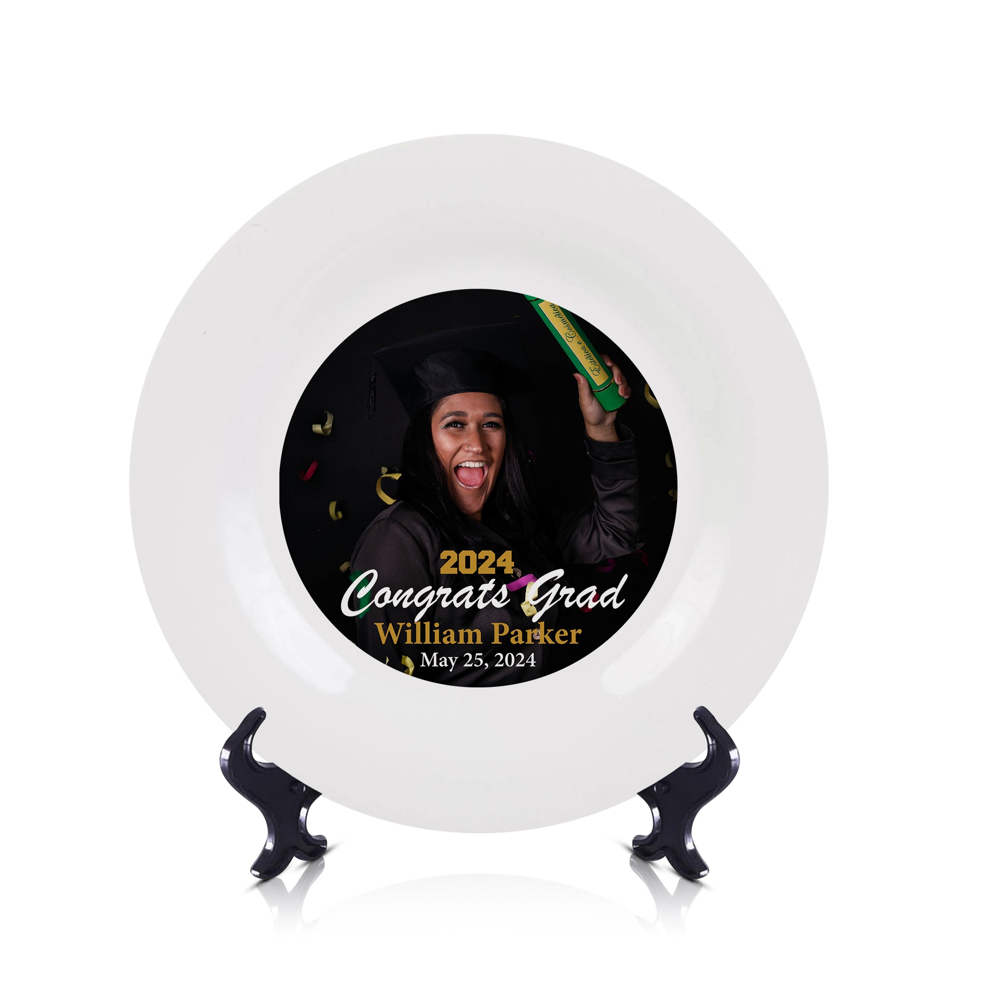 Personalized Graduation Plate Class of 2024 | White & Gold Grad Tableware Keepsake – Custom Display Gift