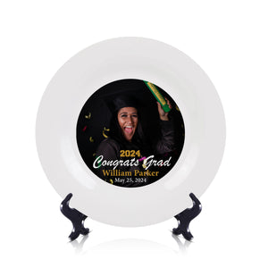Personalized Graduation Plate Class of 2024 | White & Gold Grad Tableware Keepsake – Custom Display Gift