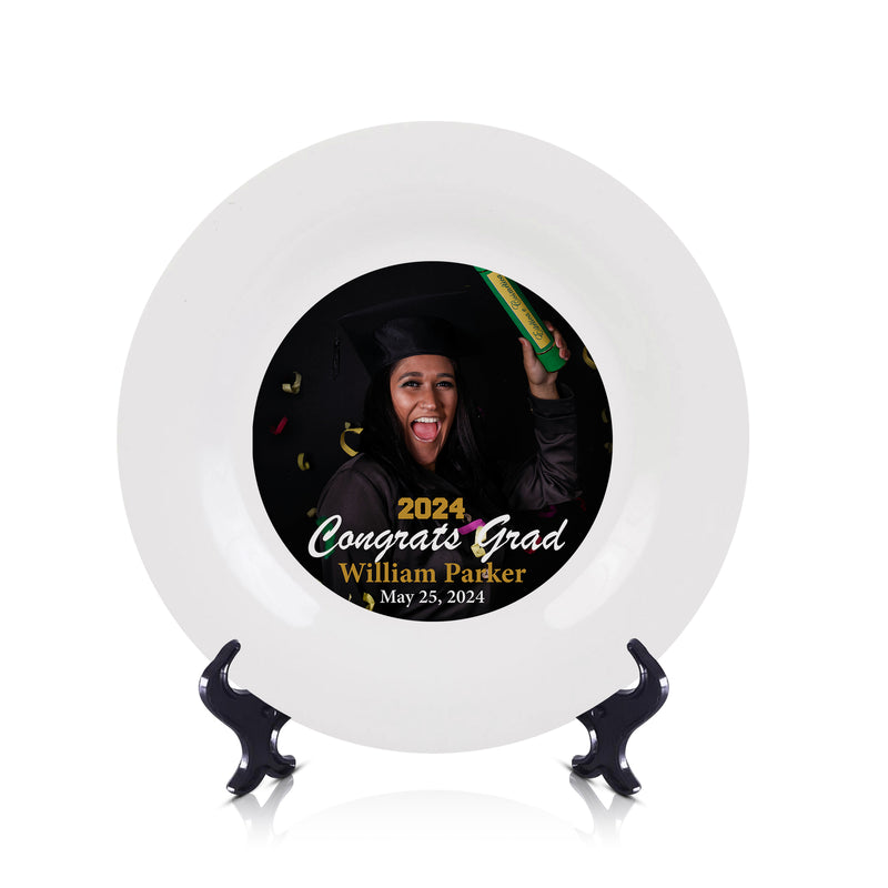 Personalized Graduation Plate Class of 2024 | White & Gold Grad Tableware Keepsake – Custom Display Gift
