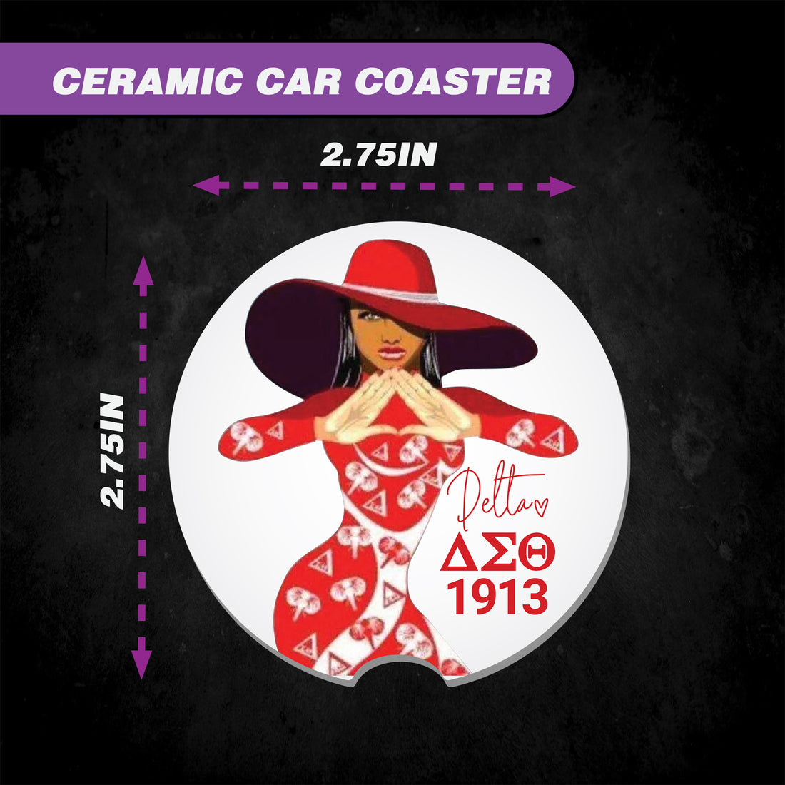 Custom Sorority Car Coaster – Delta Sigma Theta-Inspired Ceramic 2.75" Coaster for Car Cup Holder – Personalized Gift for Soror, Greek Life, Divine Nine