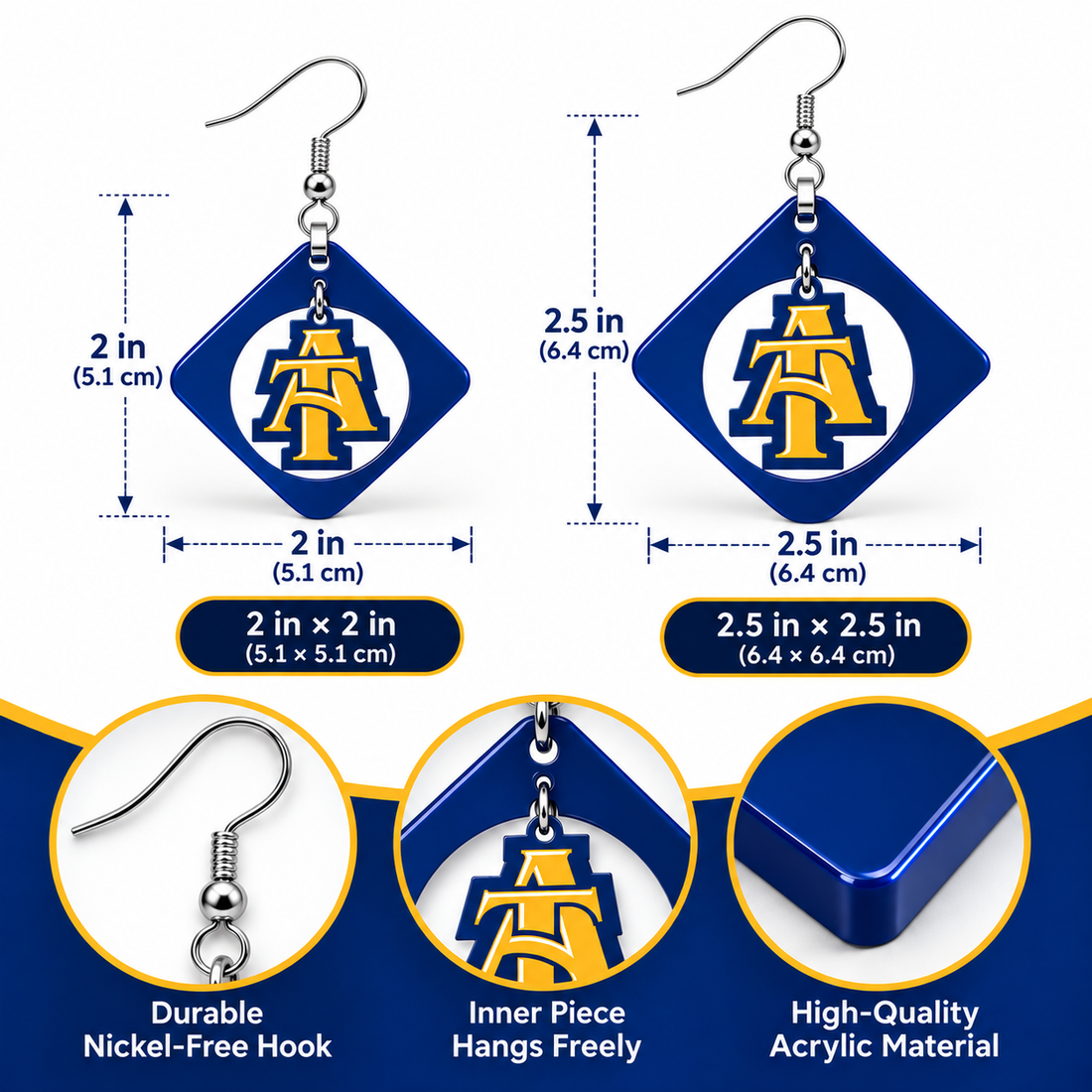 Size guide for blue and gold diamond swing earrings in 2 inch and 2.5 inch drops