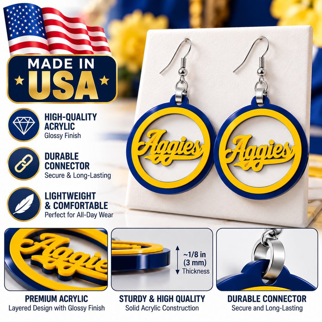 Aggies hoop earrings for HBCU homecoming, cut from solid navy blue and gold acrylic