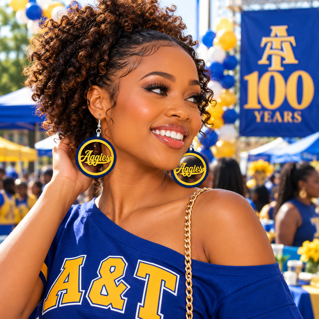 Blue and gold Aggies script earrings, lightweight cut acrylic drops for game day