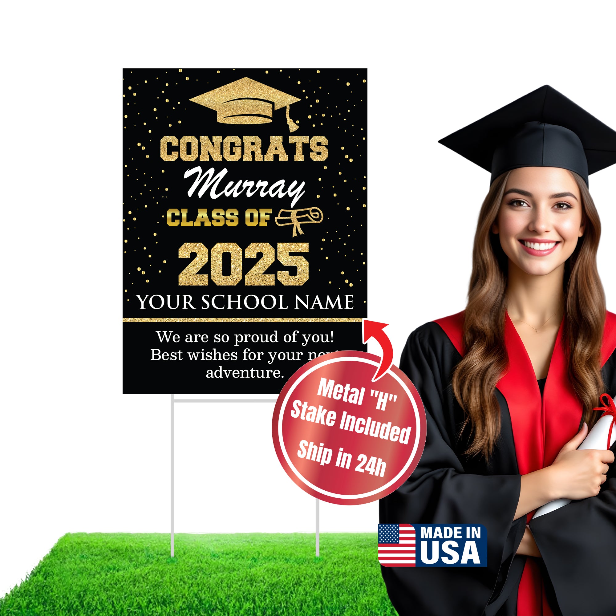 Graduation yard sign with H-Stake,  Lawn Signs, Class of 2025, College Graduation, High School Graduation, Graduation yard sign