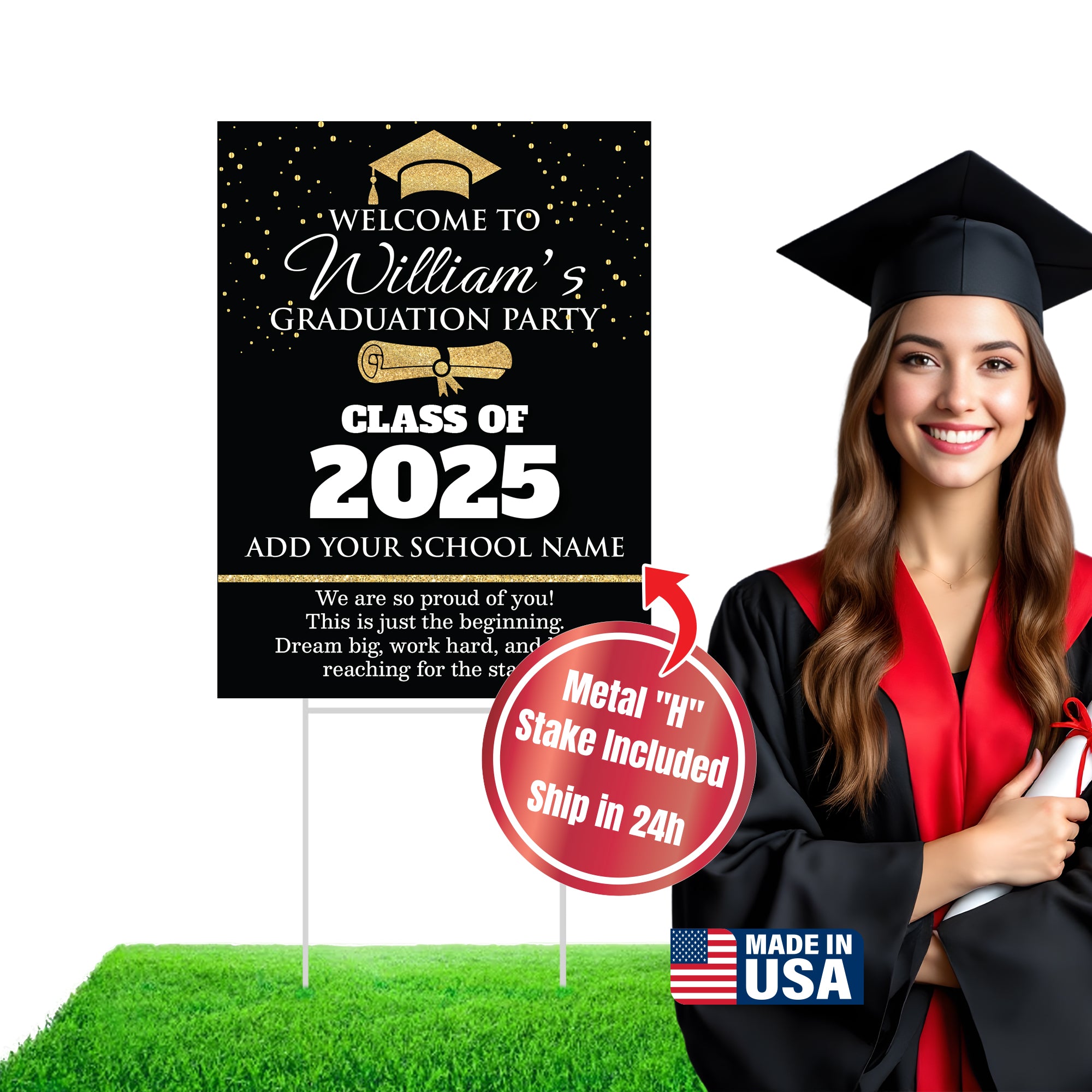 Graduation yard sign with H-Stake,  Lawn Signs, Class of 2025, College Graduation, High School Graduation, Graduation yard sign