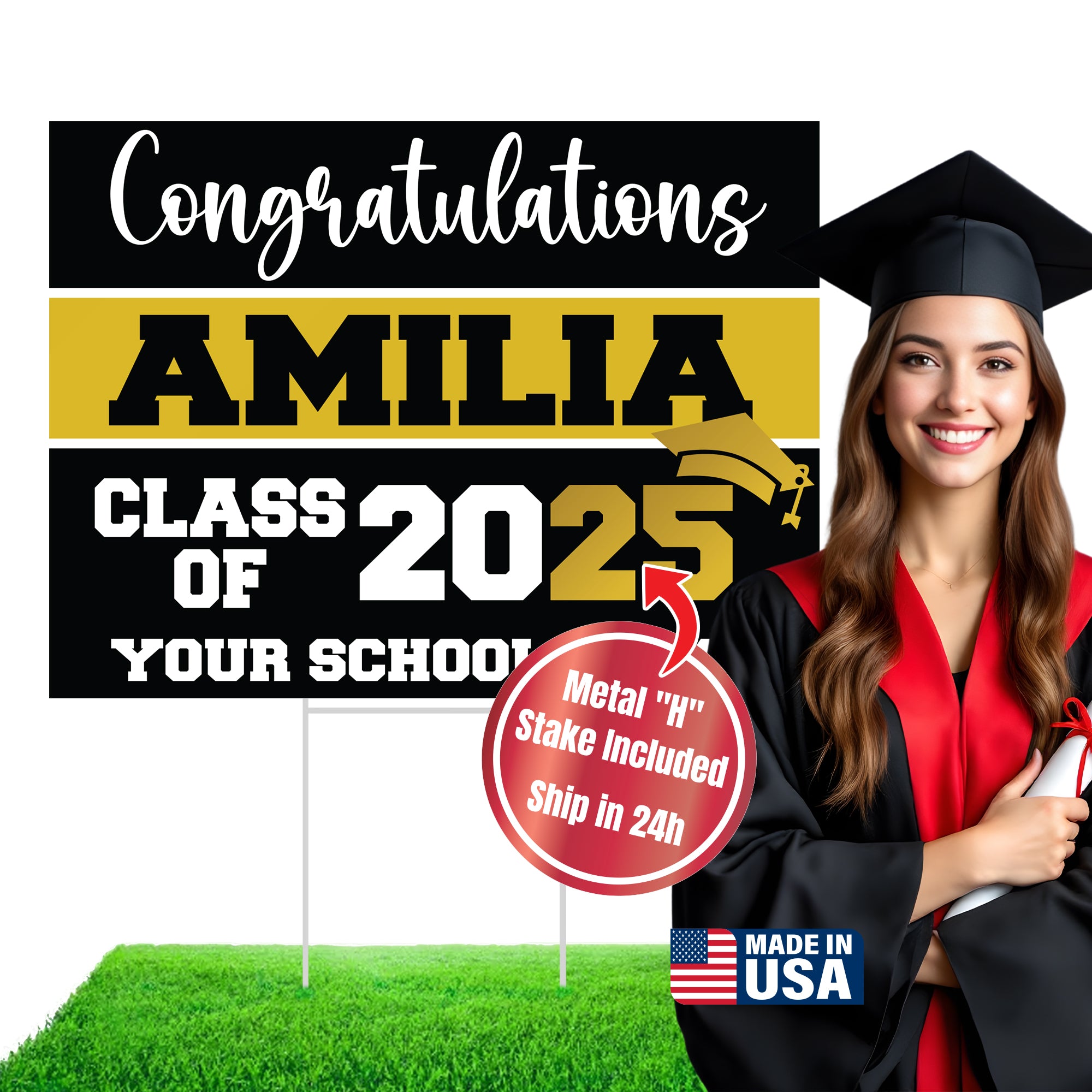 Graduation yard sign with H-Stake,  Lawn Signs, Class of 2025, College Graduation, High School Graduation, Graduation yard sign