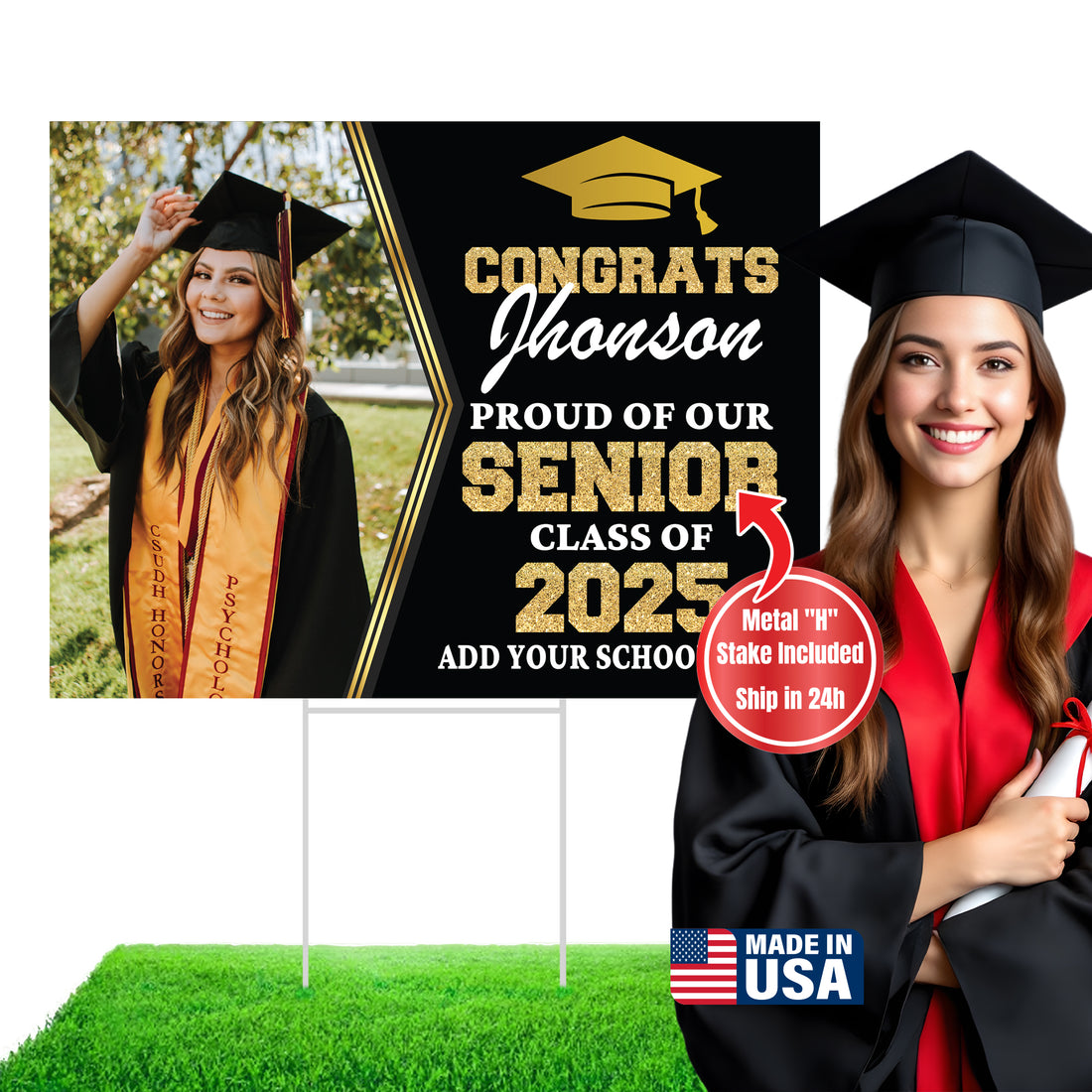 Graduation yard sign with H-Stake,  Lawn Signs, Class of 2025, College Graduation, High School Graduation, Graduation yard sign